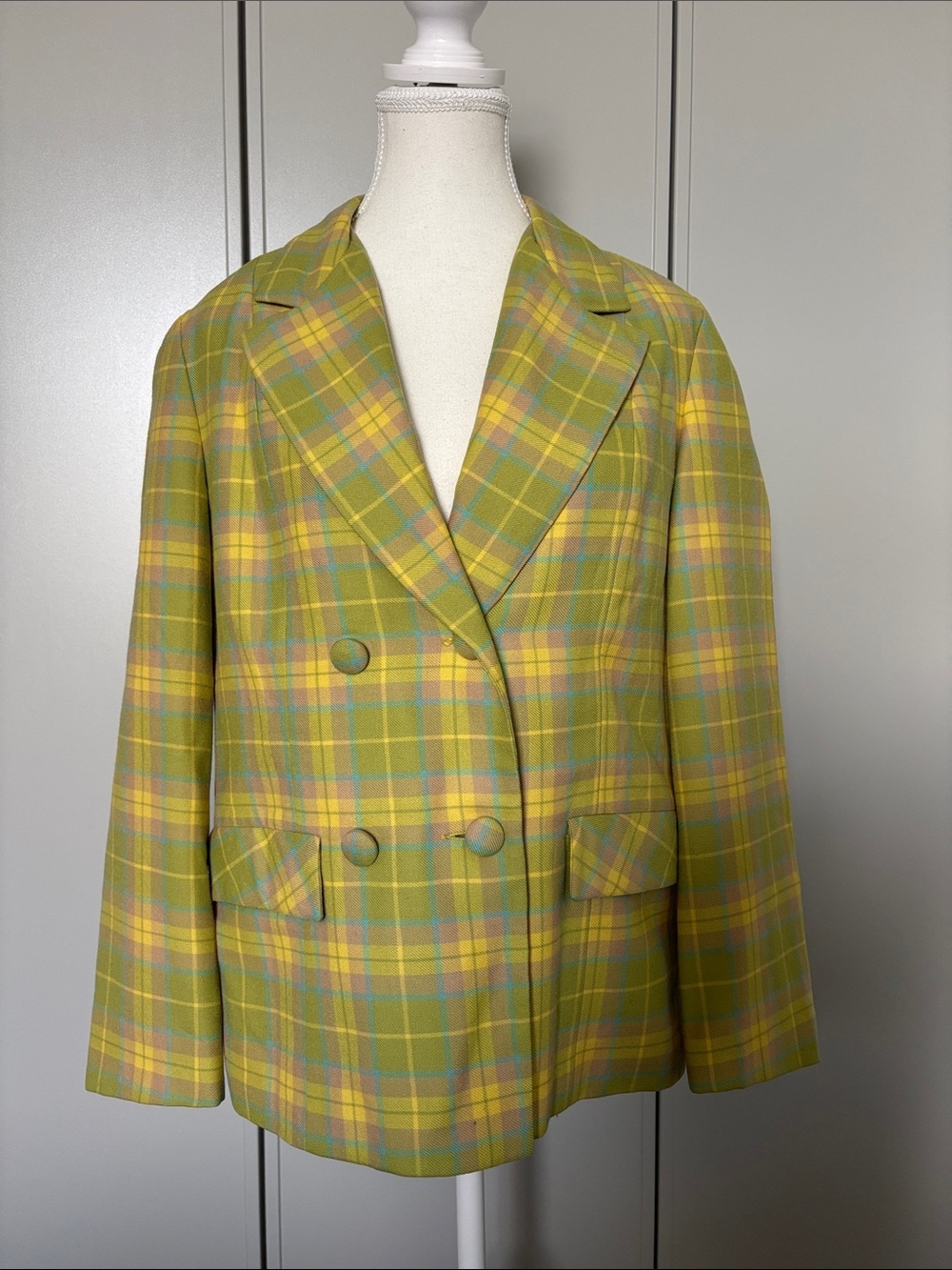 Vintage Sabre Slims Double-Breasted Plaid Wool Blazer in Yellow-Green